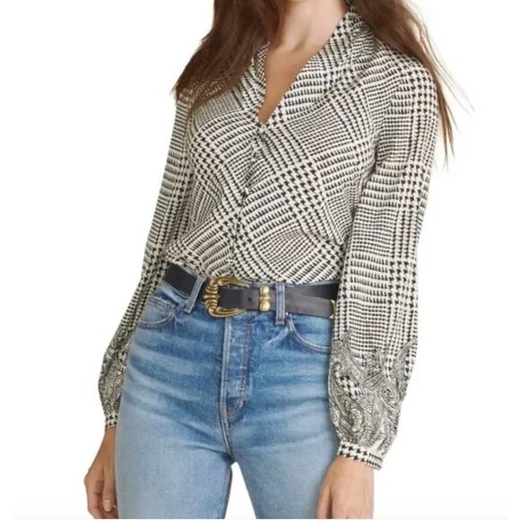 Veronica Beard Beata Houndstooth Print Stretch Silk Blouse - Picture 1 of 9